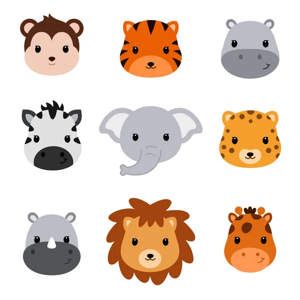 Baby shower cute safari animals. Set of 9 animal heads. — Stock Vector