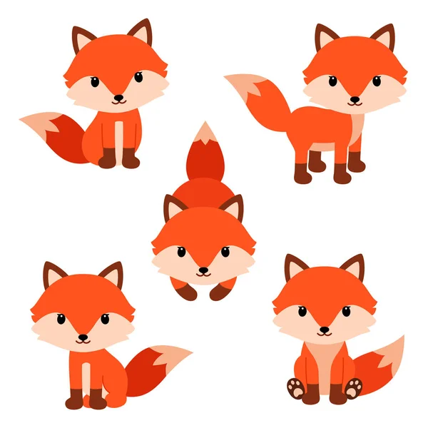 Conjunto de lindos zorros de dibujos animados en estilo plano simple moderno . — Vector de stock