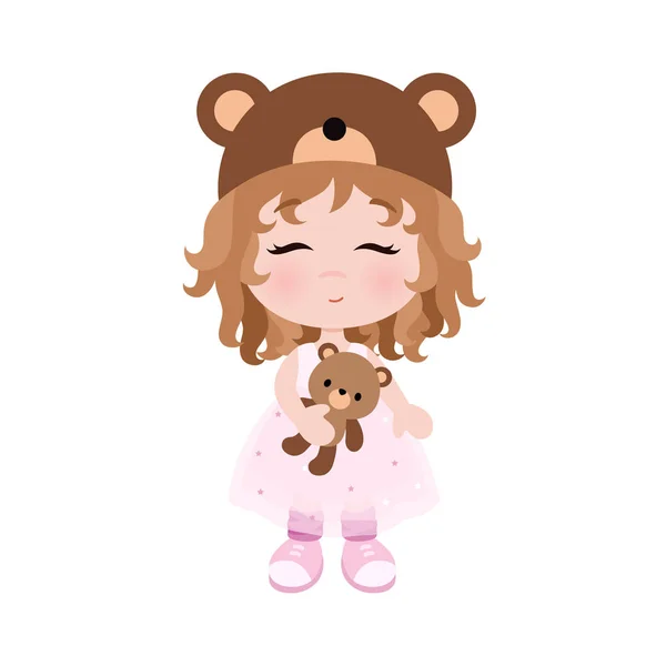 Linda niña con sombrero y orejas de oso. Bebé sosteniendo peluche. Vector . — Vector de stock