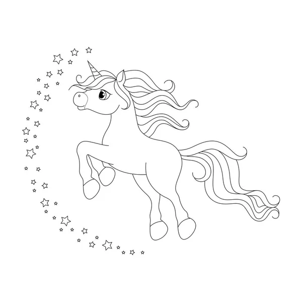 Carino l'unicorno dei cartoni. Illustrazione vettoriale in bianco e nero per libro da colorare . — Vettoriale Stock