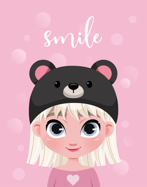 Cute little girl character in hat on pink background with bokeh. Template for card, poster, your design. — Stock Vector