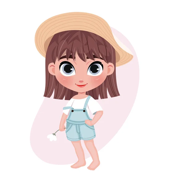 Lindo personaje de niña sin calzar en sombrero sosteniendo flor sobre fondo rosa pastel. Plantilla f o tarjeta, cartel, su diseño . — Vector de stock