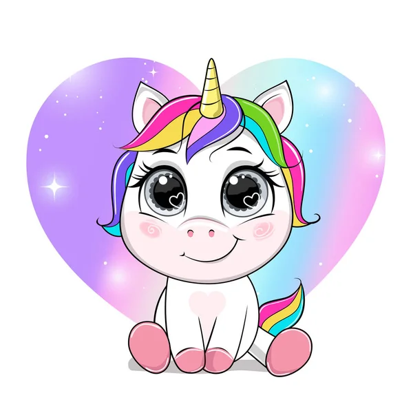 Vector cartoon unicorn over rainbow background in the heart shape. - Stok Vektor