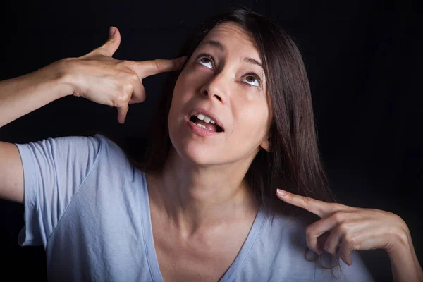 Woman Impossible Situation Concept Funny Stressed Facial Expression Gesture Black — Stock Photo, Image