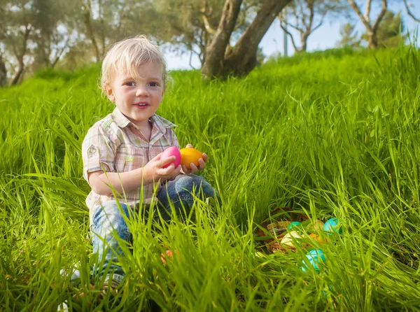 Smiling Cute Toddler Boy Holds Colored Eggs Easter Hunt — Stock Photo, Image