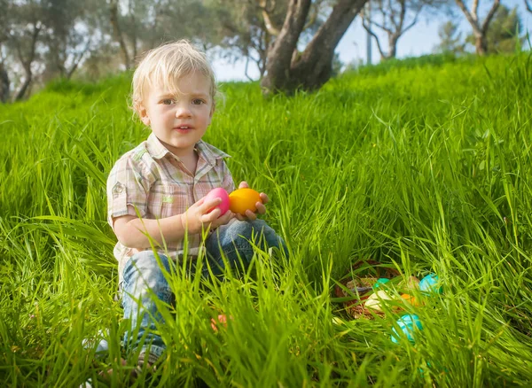 Adorable Boy Playing Easter Hunt Green Spring Grass — Stock Photo, Image