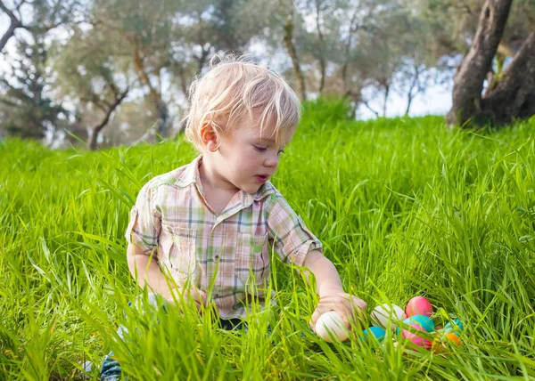 Cute Blond Boy Plays Eggs Grass Easter Hunt — Stock Photo, Image