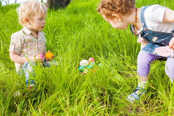 Two Cute Toddlers Found Colorful Eggs Easter Hunt — Stock Photo, Image