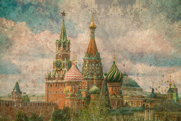 Image texturée de la tour Spasskaya et de la cathédrale Saint-Basile Images De Stock Libres De Droits