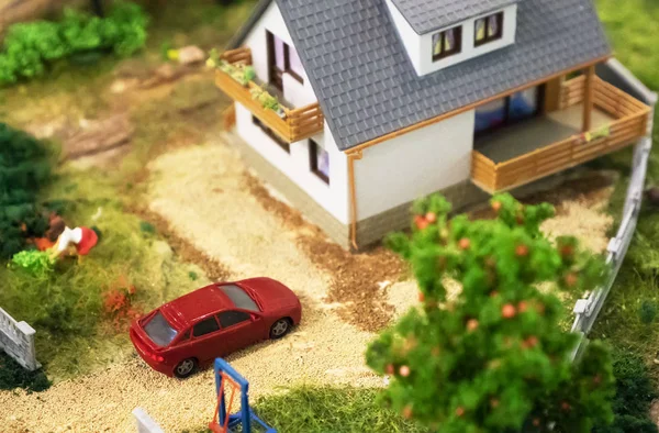 Mundo Miniatura Casa Coche Rojo — Foto de Stock