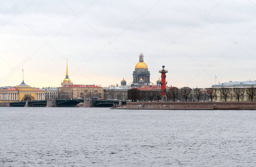 Old Saint Petersburg Stock Exchange and Rostral Columns on the Spit of Vasilievsky Island.