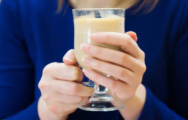 Woman Blue Dress Holding Hot Cup Coffee — Stock Photo, Image