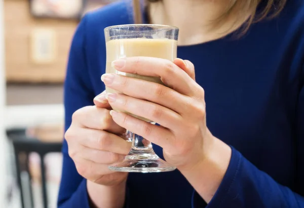 Woman Blue Dress Holding Hot Cup Coffee — Stock Photo, Image