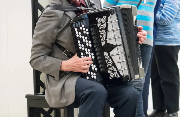 Elderly Retired Grandfather Playing Accordion — Stock Photo, Image