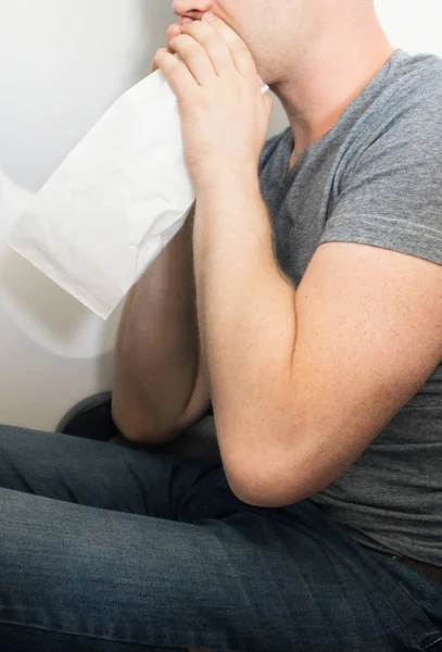 Airsickness Man Feels Very Bad Plane — Stock Photo, Image