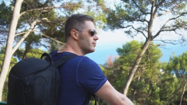 Touriste Masculin Avec Grand Sac Dos Sur Colline — Video