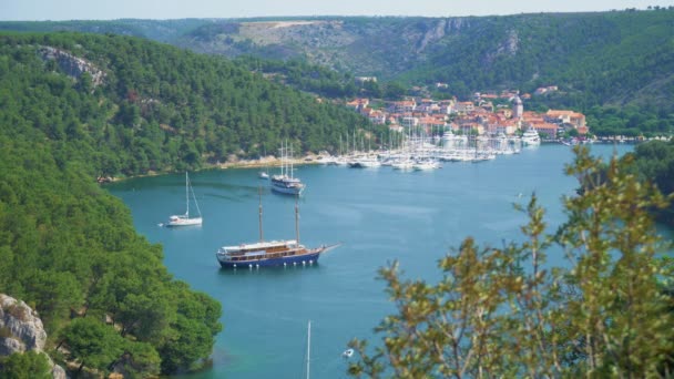 Skradin Staden Och Bukten Med Fartyg Och Båtar Kroatien — Stockvideo