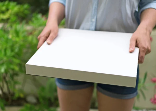 Pizza Delivery Woman Holding Pizza Box Space Your Text — Stock Photo, Image