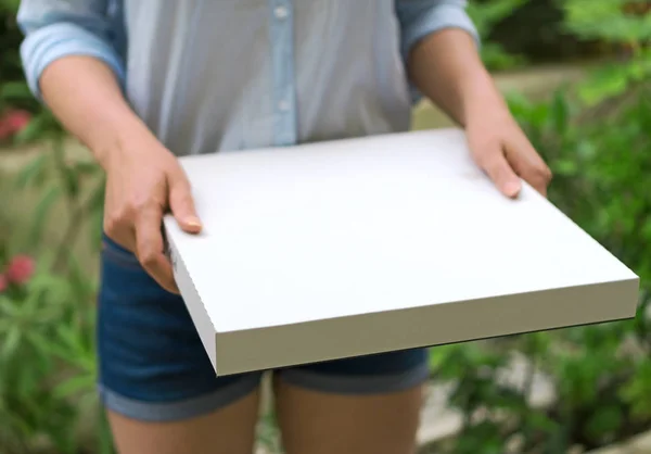 Pizza Delivery Woman Holding Pizza Box Space Your Text — Stock Photo, Image