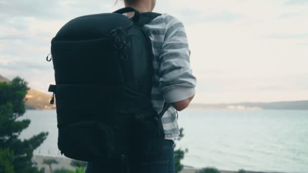 Woman Backpack Sea Coast — Stock Video