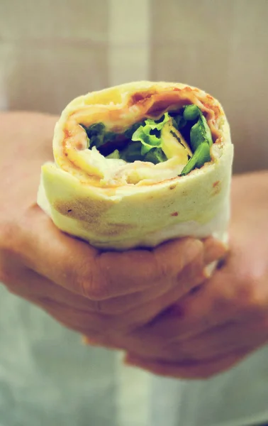 Woman Holding Sandwich Wrap Ham Cheese Lettuce — Stock Photo, Image