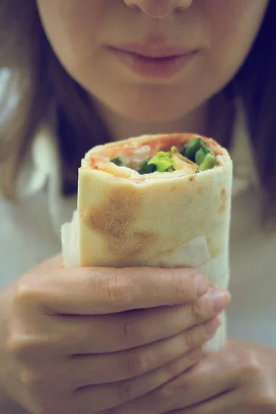 Woman Holding Sandwich Wrap Ham Cheese Lettuce — Stock Photo, Image