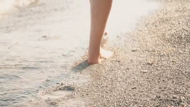 Vista Cerca Las Piernas Mujer Caminando Playa Guijarros — Vídeos de Stock