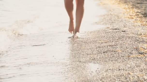 Vista Perto Das Pernas Mulher Andando Praia Seixos — Vídeo de Stock