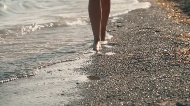 Vista Cerca Las Piernas Mujer Caminando Playa Guijarros — Vídeos de Stock