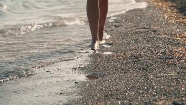 Close Beeld Van Vrouw Benen Lopen Het Kiezelstrand — Stockvideo