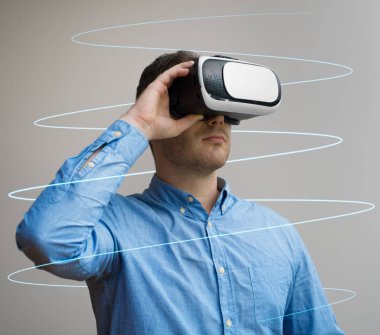 Sanal gerçeklik gözlük yakışıklı adam. Senin metin için yer.