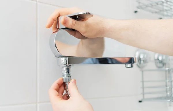 Plumber Hands Fixing Shower Mixer Modern Water Tap — Stock Photo, Image