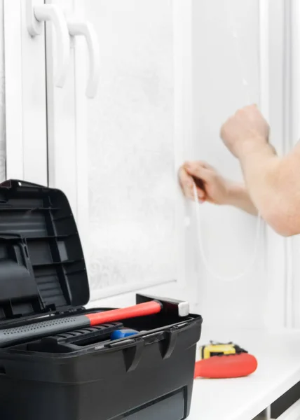 Man Testing Cassette Roller Blinds Windows — Stock Photo, Image