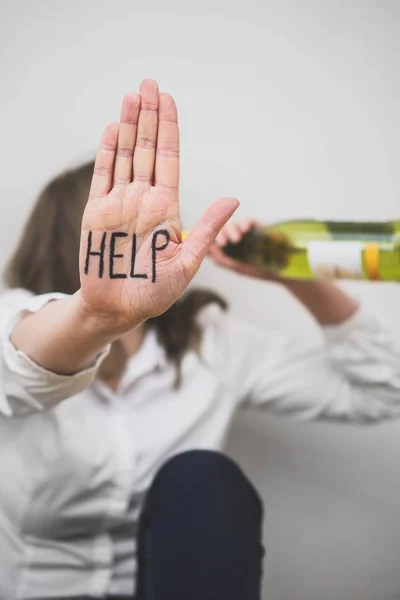 Alcoholism concept. Woman drinking bottle of wine. — Stock Photo, Image