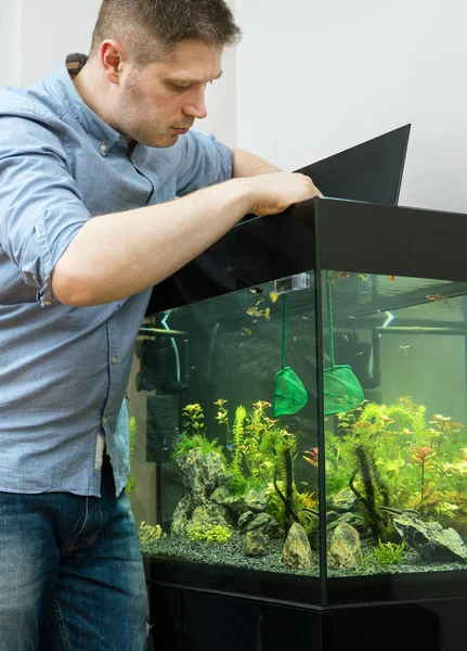 Schöner Mann fängt Fische im Aquarium. — Stockfoto