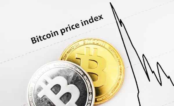 Physische Bitcoins und Bitcoin-Preisindex auf dem Papier. — Stockfoto