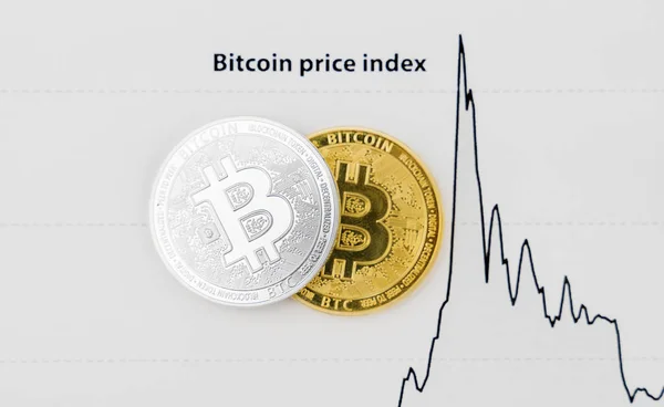 Physische Bitcoins und Bitcoin-Preisindex auf dem Papier. — Stockfoto