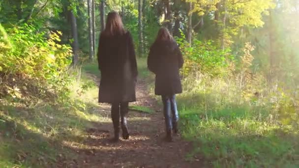 Vrouw Haar Dochter Wandelen Het Herfstbos — Stockvideo