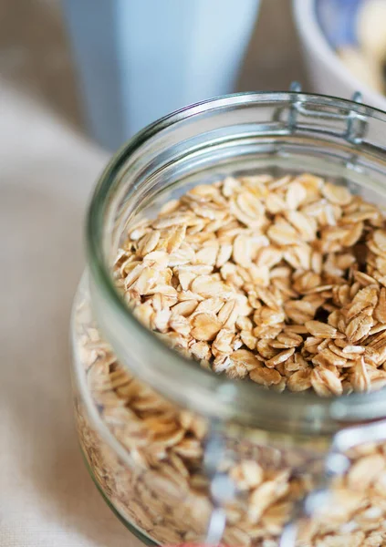 Oat Flakes Glass Jar Close View — Stock Photo, Image