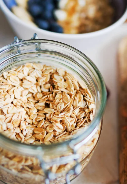 Oat Flakes Glass Jar Close View — Stock Photo, Image