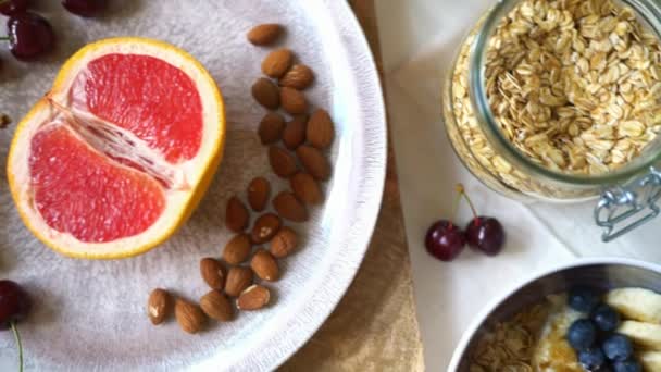 Healthy Breakfast Berries Yogurt Oat Flakes — Stock Video