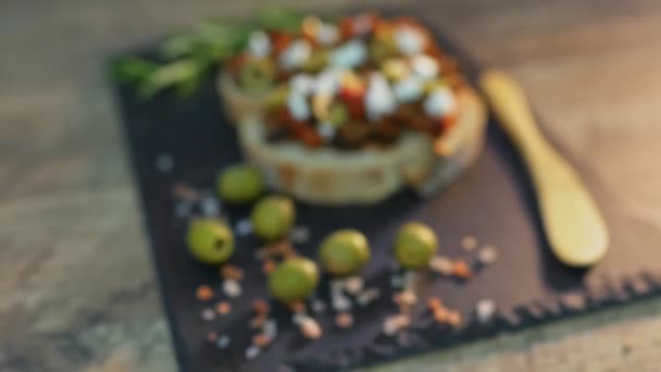 Traditional Italian Bruschetta Tomatoes Olives Feta Cheese — Stock Video