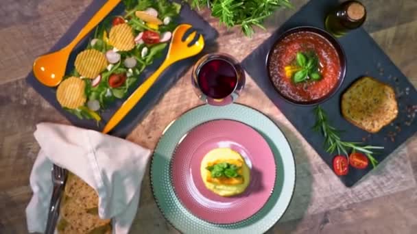 Arugula Salad Mashed Fish Gazpacho Soup — Stock Video