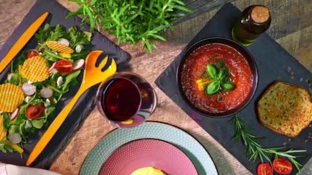 Arugula Salad Mashed Fish Gazpacho Soup — Stock Video