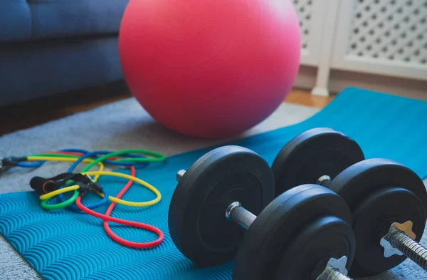 Dumbbells Fitball Resistance Bands Home — Stock Photo, Image