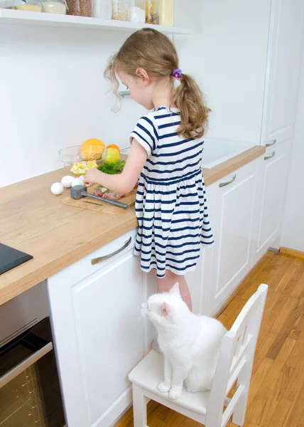 Liten Flicka Med Vit Katt Laga Mat Köket — Stockfoto