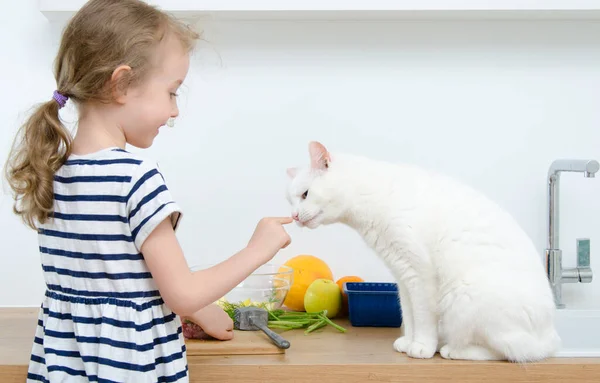 Gadis Kecil Dengan Kucing Putih Membuat Makanan Dapur — Stok Foto