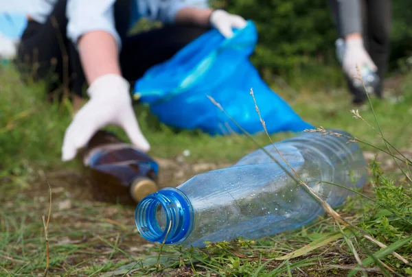 Wolontariusze Zbierający Butelki Lesie Koncepcja Zanieczyszczenia Środowiska — Zdjęcie stockowe