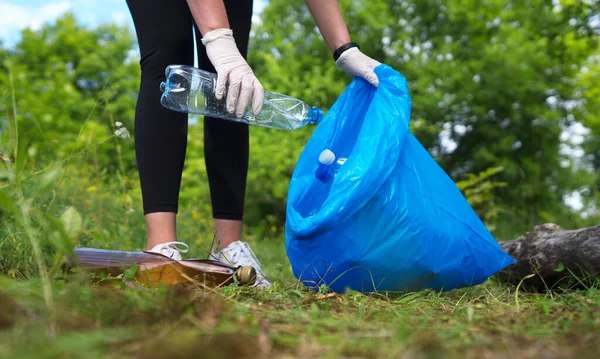 Voluntarios Recogiendo Botellas Bosque Concepto Contaminación Ambiental — Foto de Stock