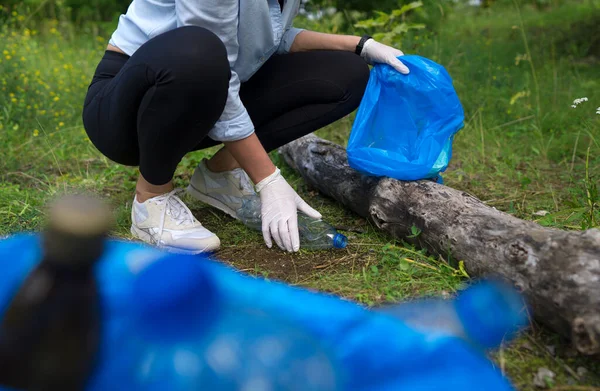 Önkéntes Üvegeket Gyűjt Erdőben Környezetszennyezés Fogalma — Stock Fotó